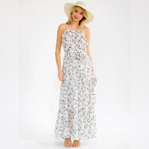095 • Floral Ruffle Halter Maxi SunDress | Blue Floral Belter Maxi Summer Dress